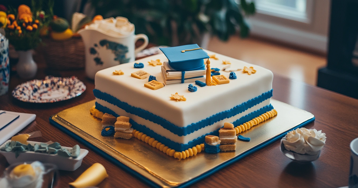 A rectangular graduation cake with a custom congratulatory message in icing.