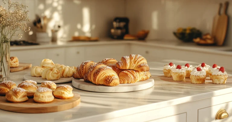 A variety of freshly baked pastries, including croissants, Danish pastries, and cream puffs, on a modern kitchen counter.