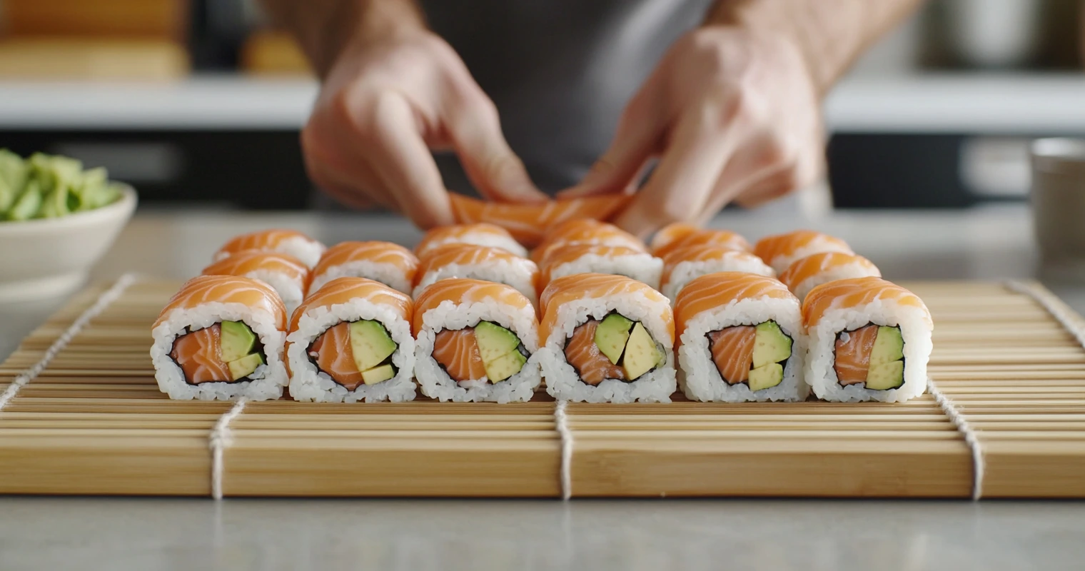 Chef using a bamboo mat to roll Alaska Rolls in a modern kitchen.
