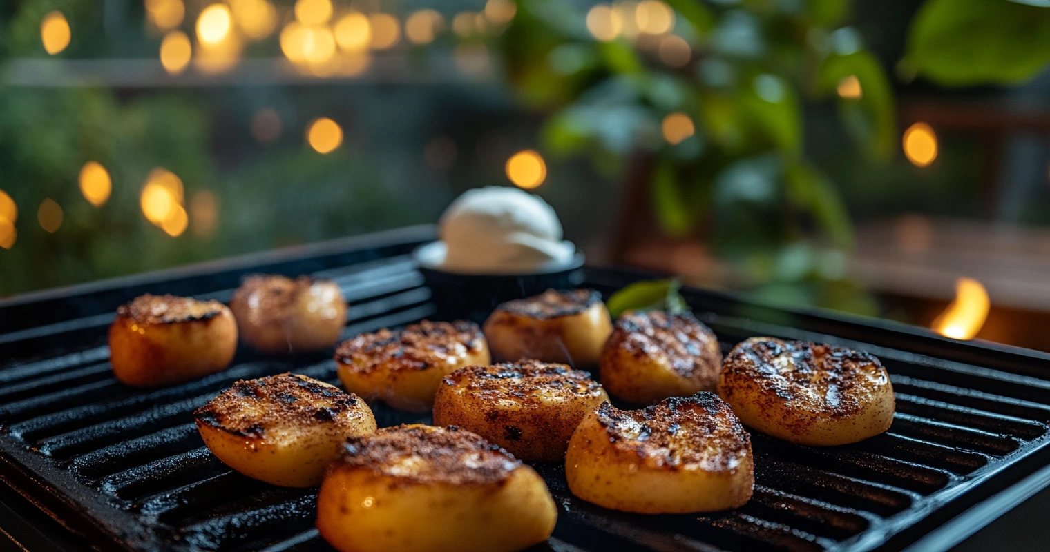 Grilled cinnamon apples served with vanilla ice cream on a Blackstone grill