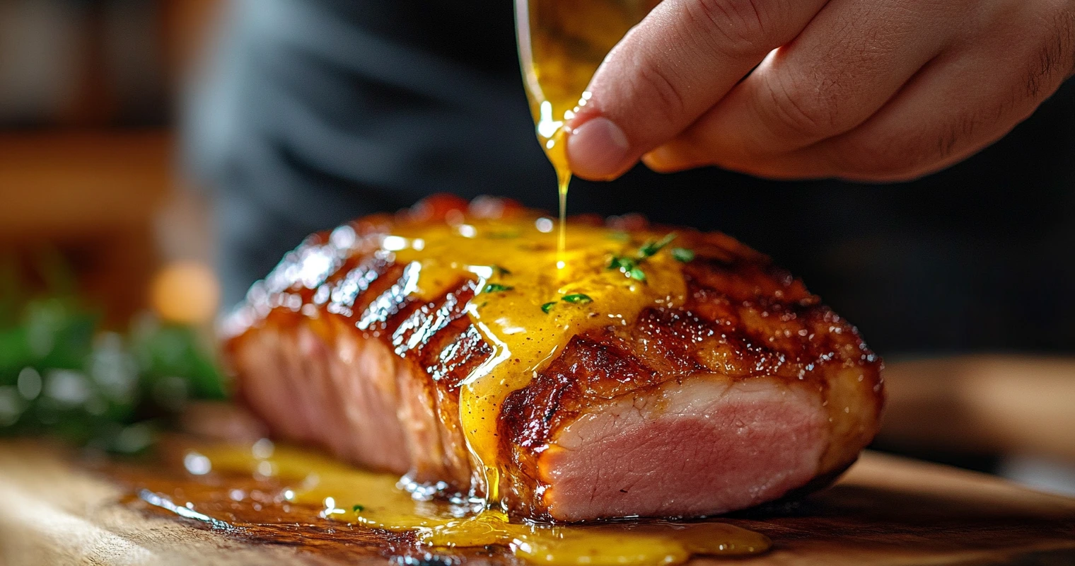 Glazing ham steak with a honey mustard sauce before baking.