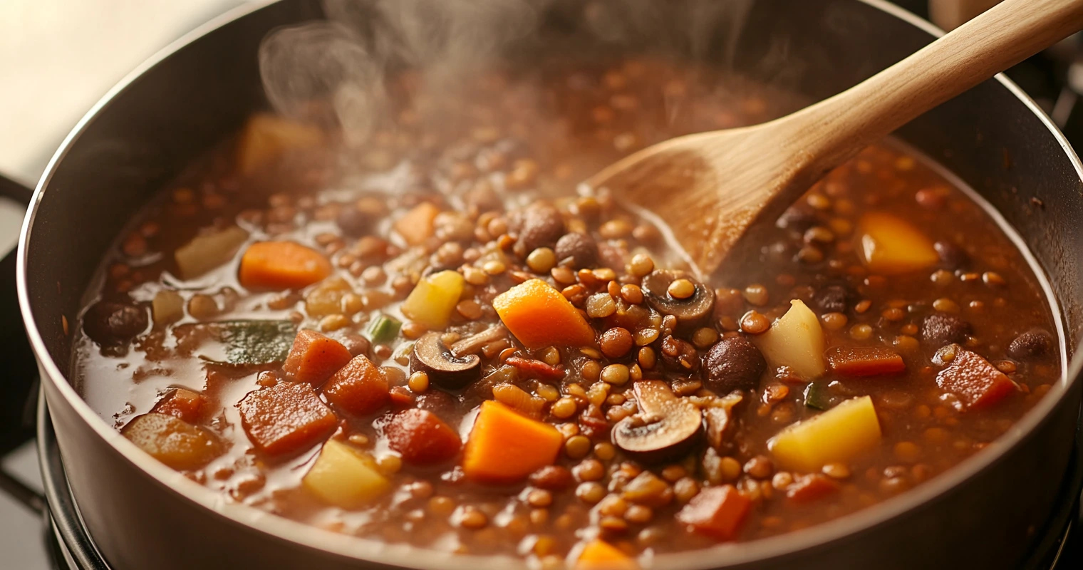 A Dutch oven on a stovetop with vegan hunter’s stew being stirred, featuring vibrant vegetables in a rich broth.