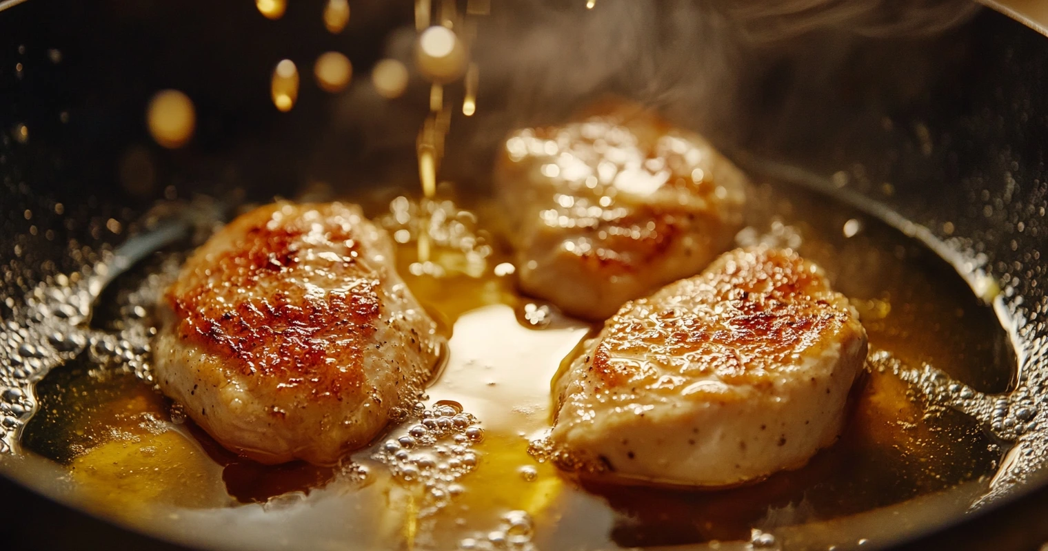 Chicken breasts sizzling in a skillet with butter and olive oil.