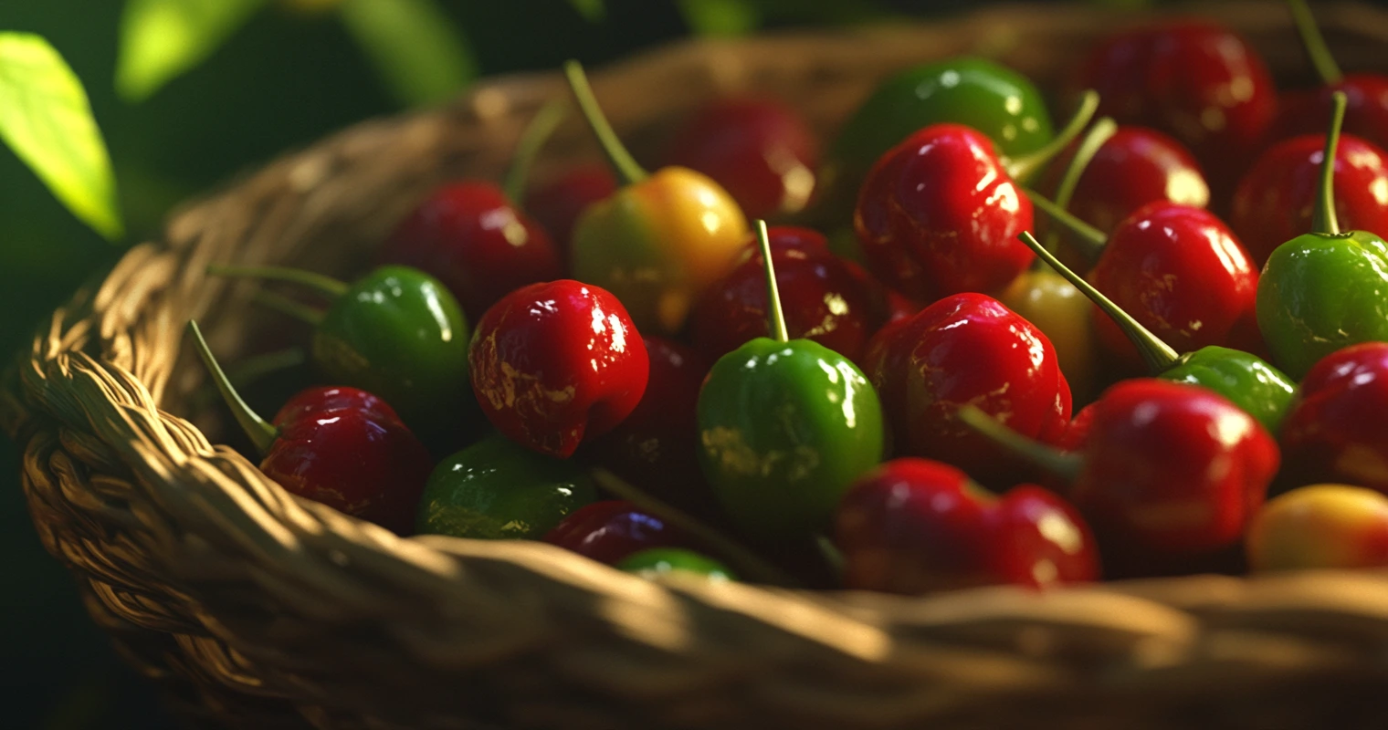 Close-up view of red and green cherry peppers in a basket
