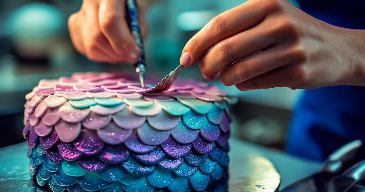 Close-up of hands decorating a mermaid cake with fondant scales in a professional kitchen