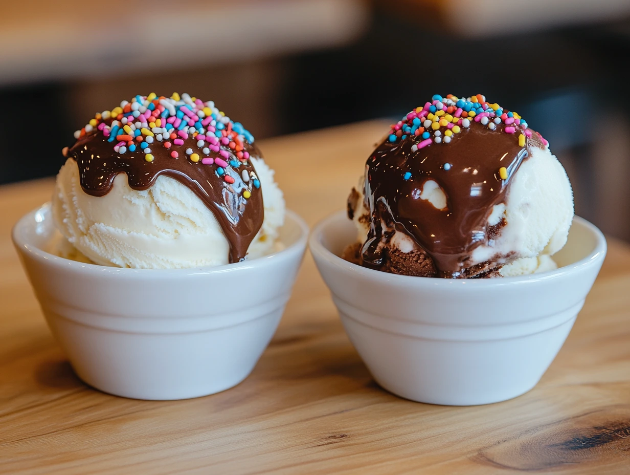 Two scoops of vanilla and chocolate ice cream served in white bowls, topped with sprinkles and chocolate sauce.