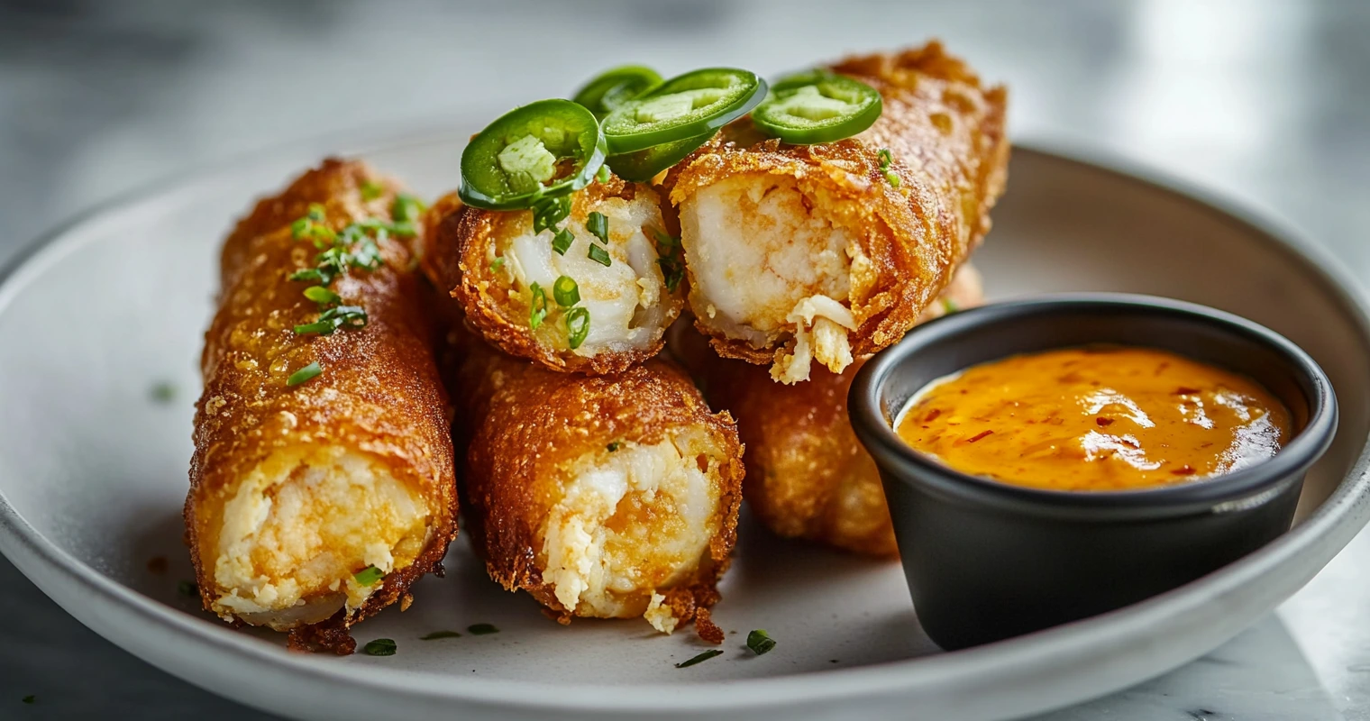 Spicy crab cake egg rolls garnished with jalapeños and served with a spicy dipping sauce.