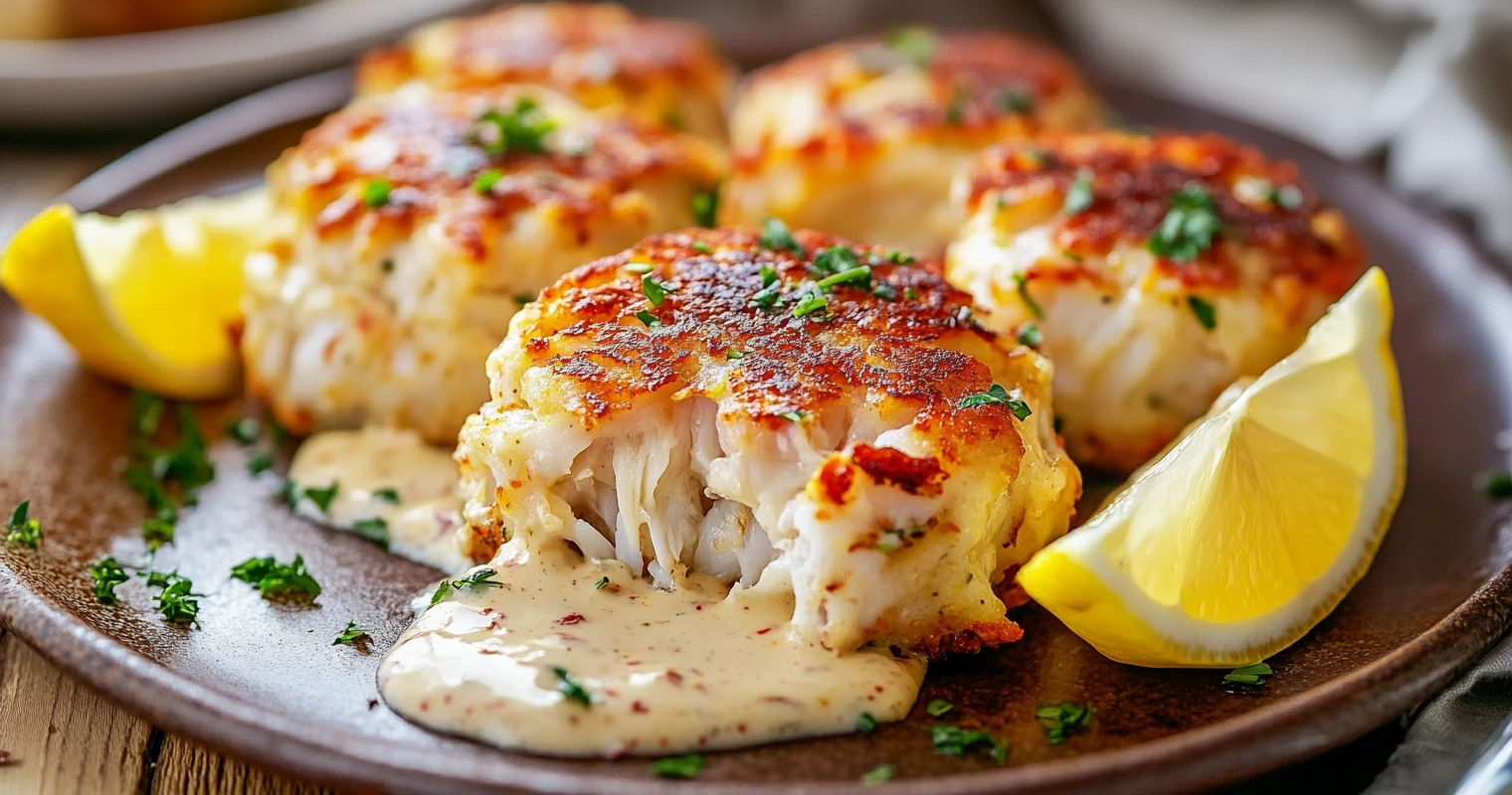 Golden-brown crab cakes served with lemon wedges and dipping sauce