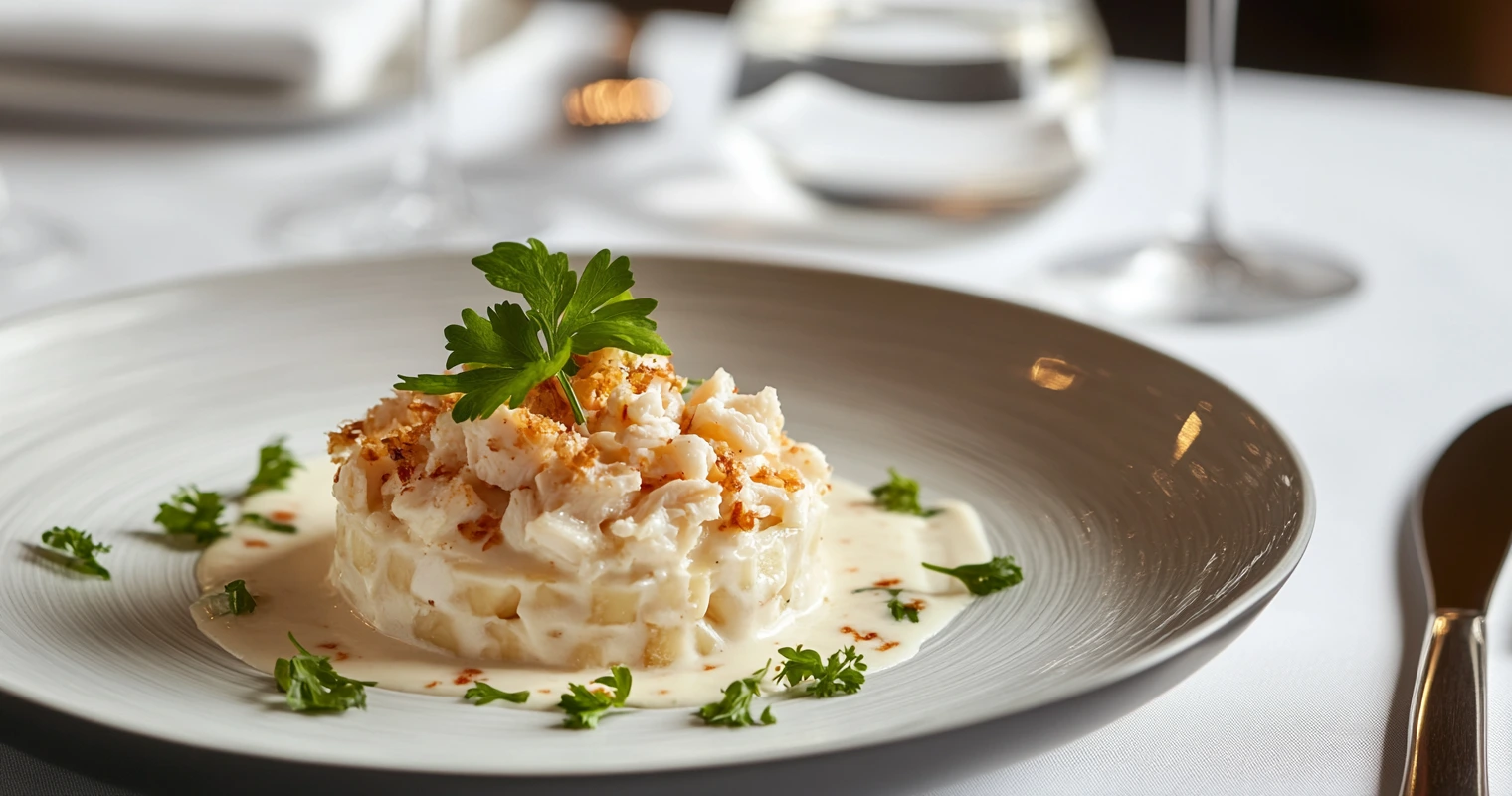  A plate of creamy pasta with lump crab meat garnished with fresh herbs