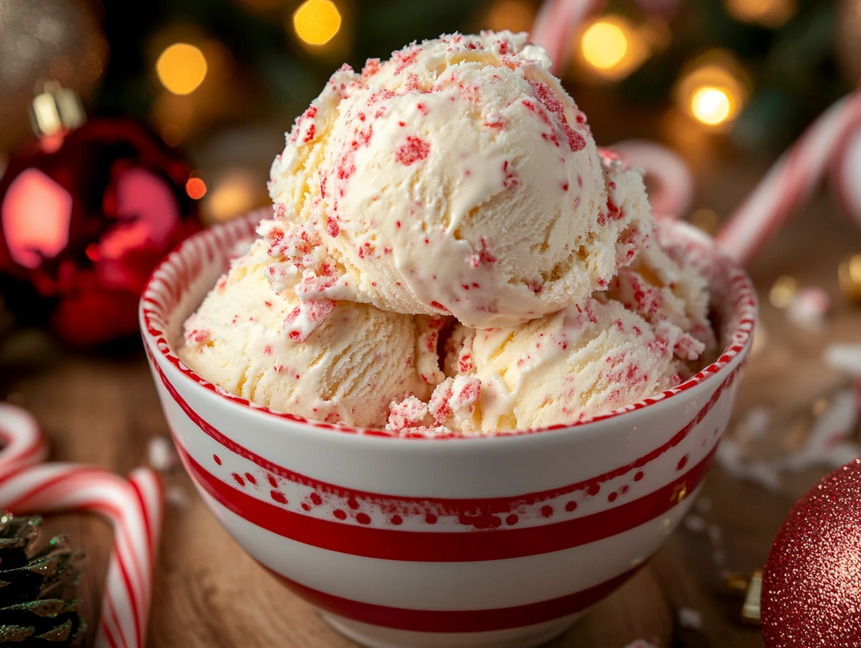 Peppermint candy cane ice cream in a red and white bowl, surrounded by Christmas ornaments and fairy lights.