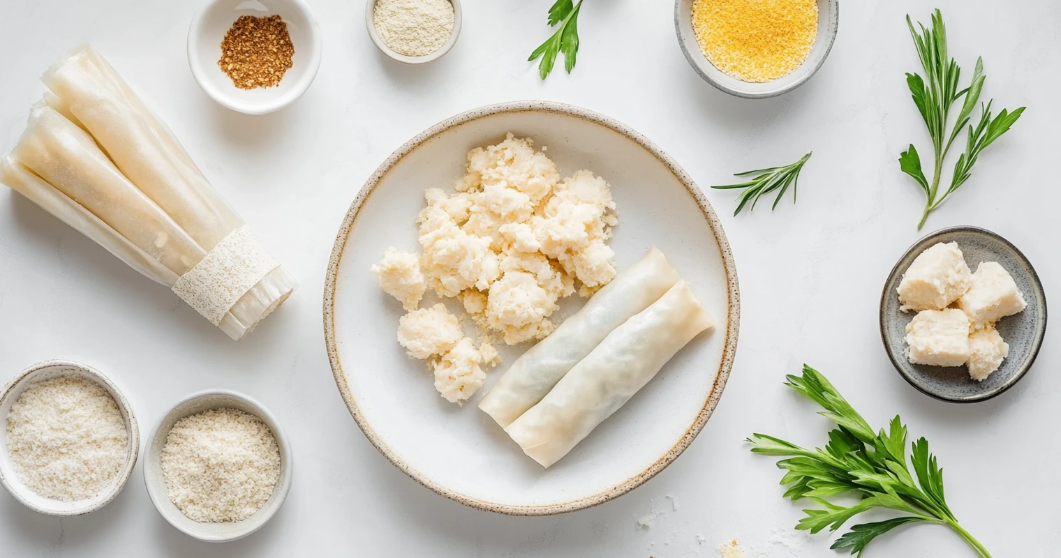 A flat lay of fresh lump crab meat, breadcrumbs, egg roll wrappers, and seasonings on a wooden surface.