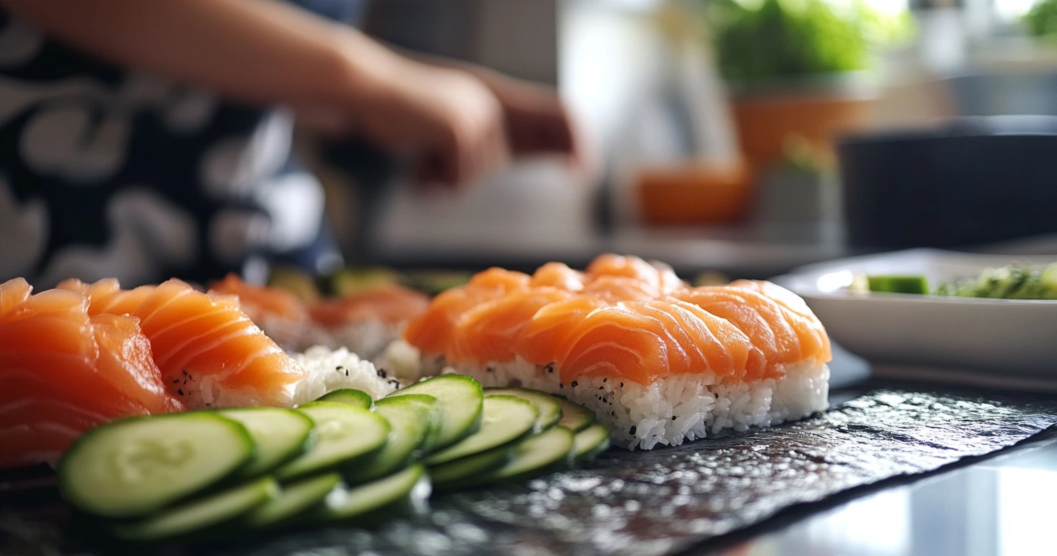 Fresh ingredients for Alaska Rolls: salmon, avocado, cucumber, sushi rice, and nori in a clean kitchen