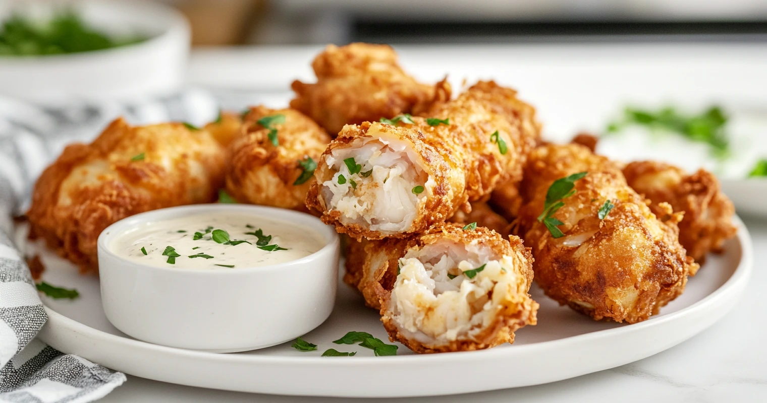 Air-fried crab cake egg rolls arranged on a serving plate with dipping sauce.