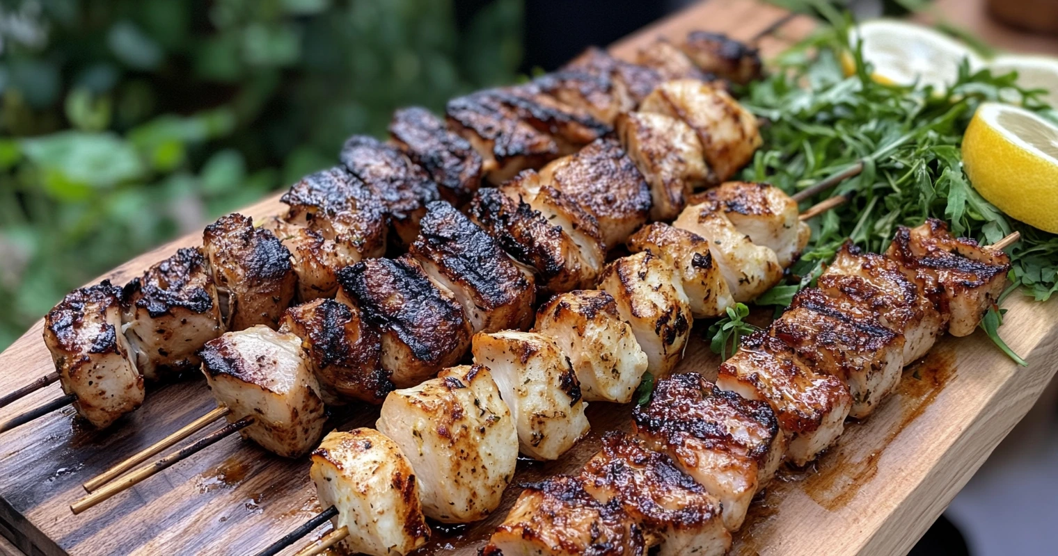 Grilled skewers of shark and chicken with fresh rosemary and lemon.