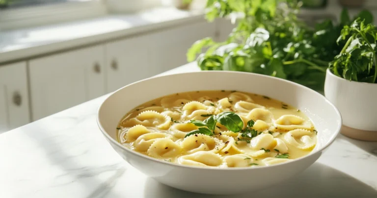 Authentic Cappelletti pasta in broth on a modern white countertop