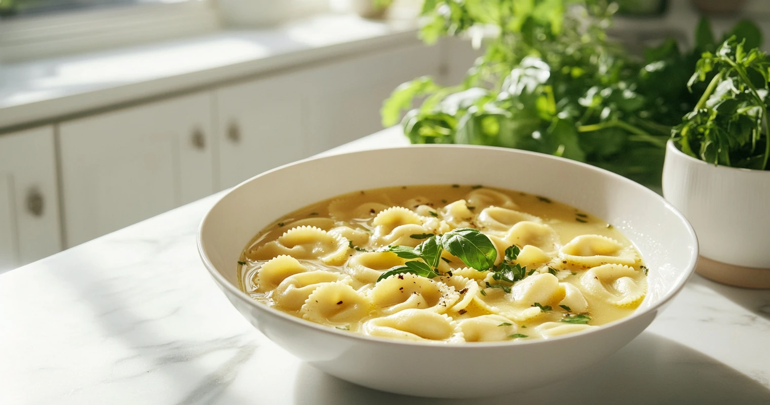 Authentic Cappelletti pasta in broth on a modern white countertop
