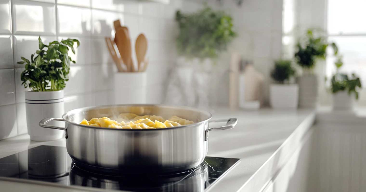 Cappelletti simmering in broth on a modern white stove