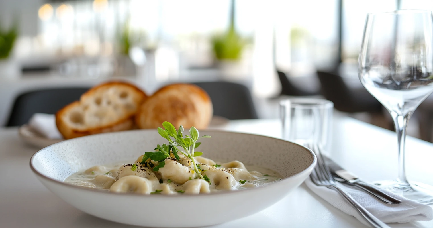 Cappelletti served in a chic white bowl with bread and wine on a modern table