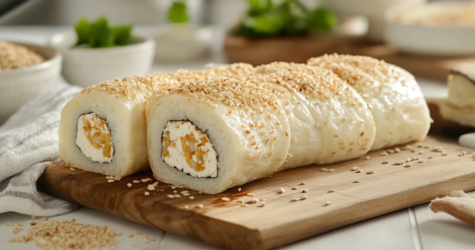 Perfectly sliced Alaska Rolls on a wooden cutting board with a chef's knife