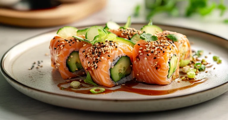Plate of Alaska Rolls with fresh salmon, avocado, and soy sauce in a modern kitchen