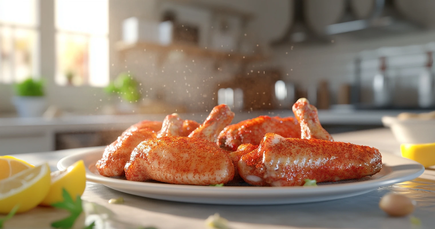 Smoked paprika chicken wings ready for cooking, sprinkled with spices.