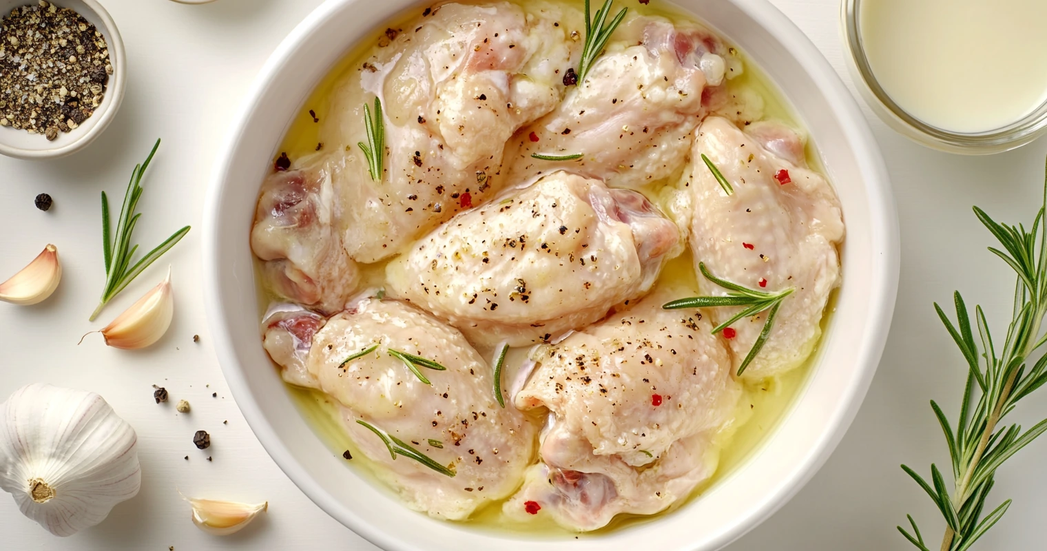 A bowl of chicken wings marinating in buttermilk with fresh herbs and seasonings.