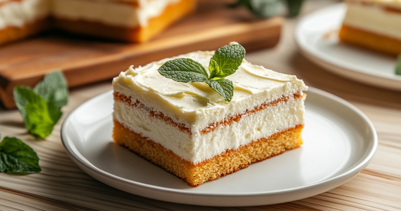 Sliced kefir sheet cake with cream cheese frosting served on white plates