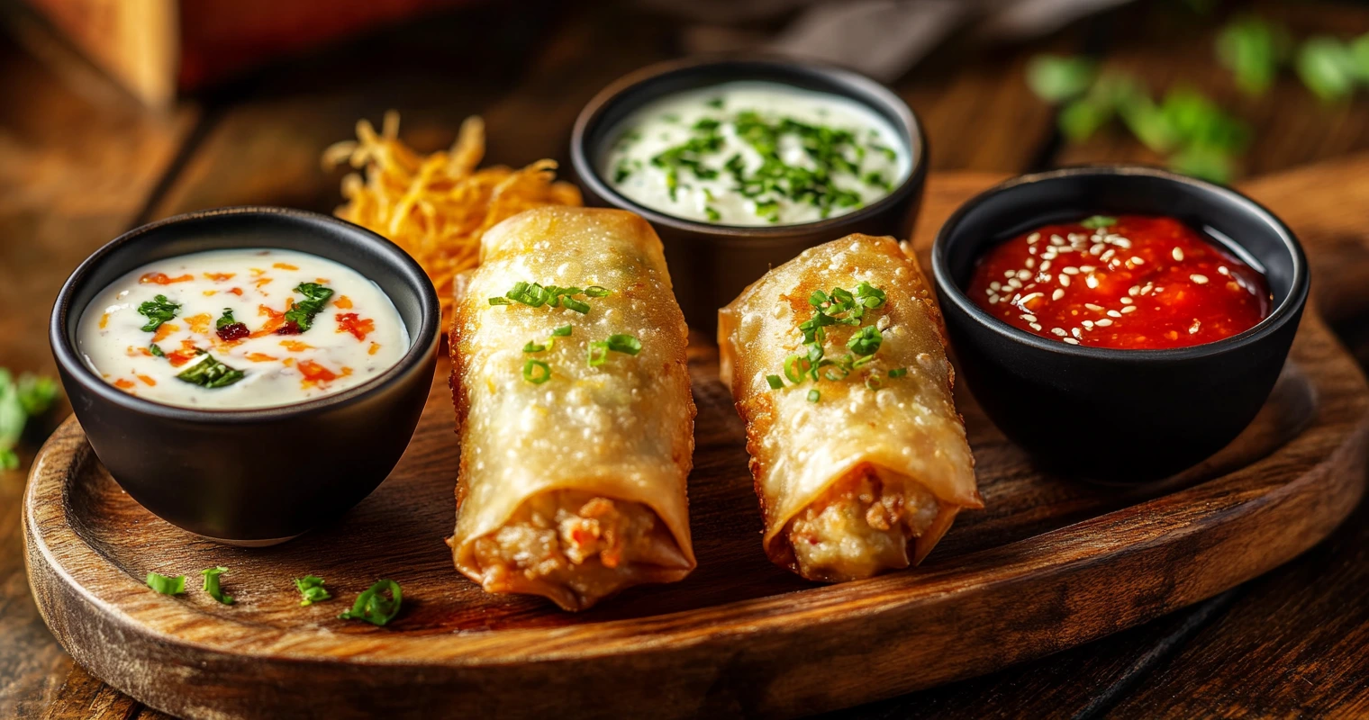 A trio of dipping sauces, including tartar, aioli, and sweet chili, arranged alongside crab cake egg rolls.