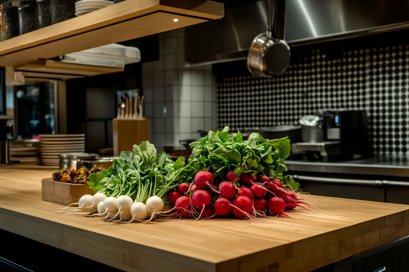 Fresh radishes on a wooden countertop