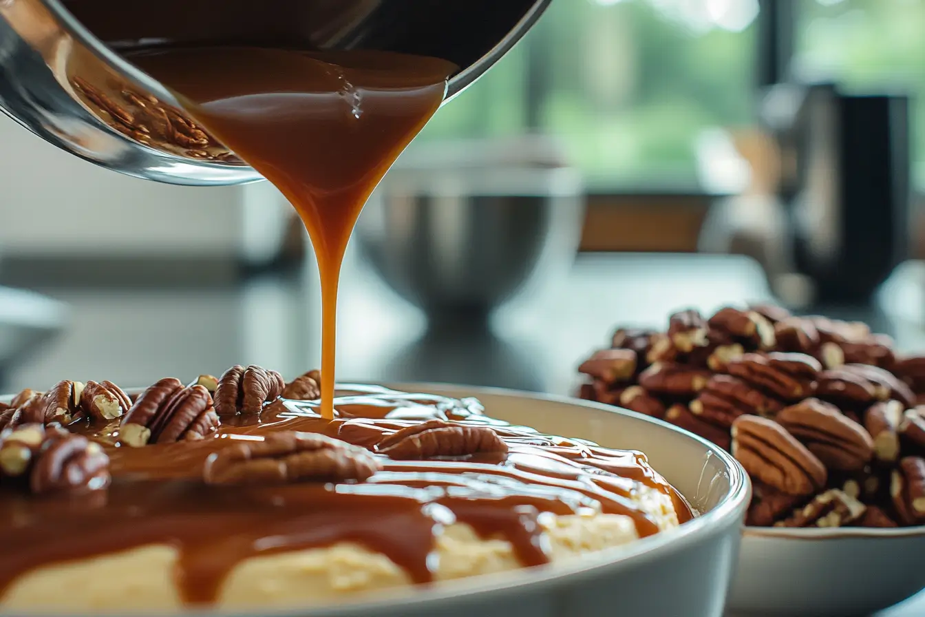 Pouring caramel sauce over the cheesecake and sprinkling pecans on top