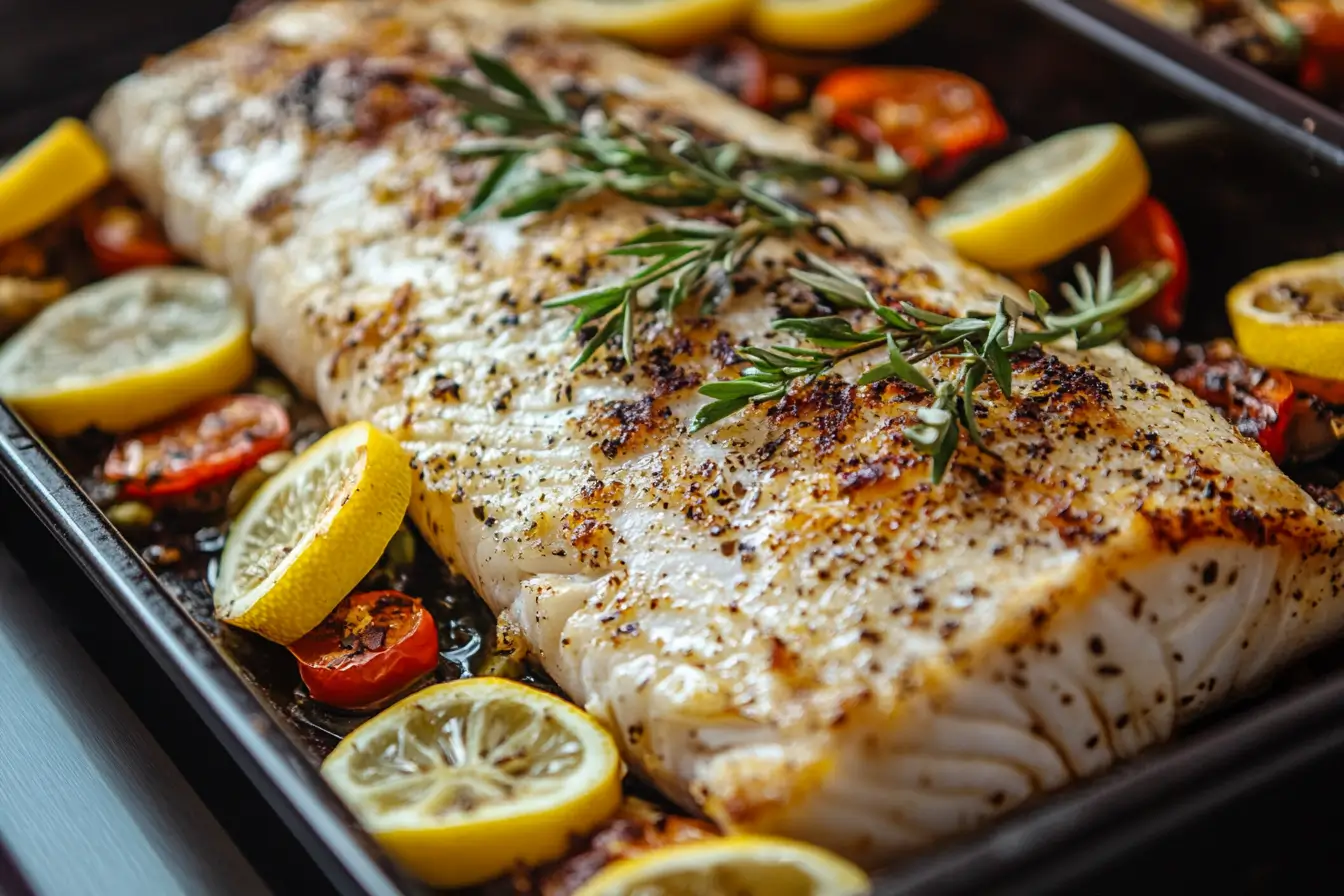 Fish fillet baking in a modern oven with herbs and lemon slices.