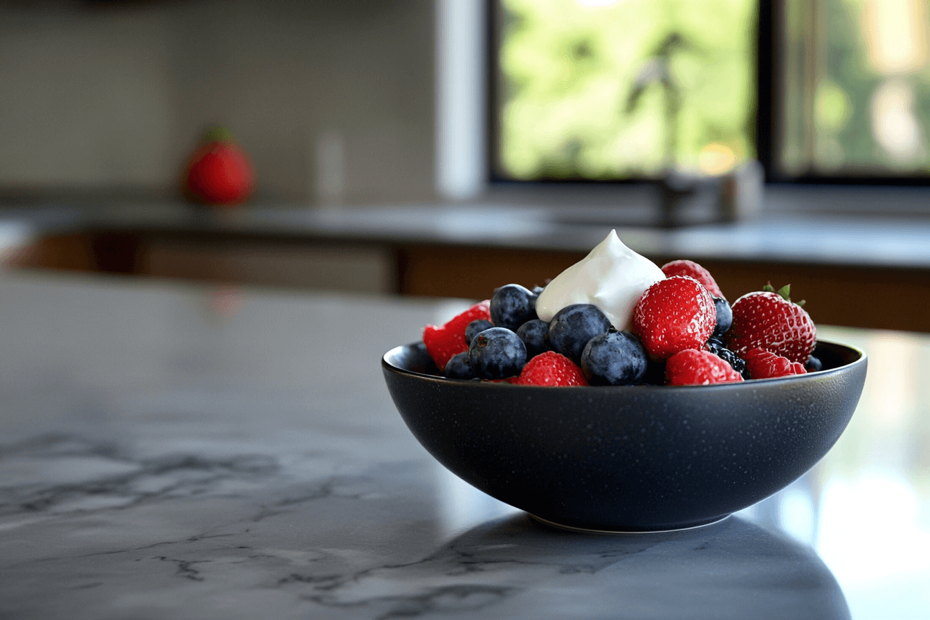 A bowl of fresh berries topped with cream