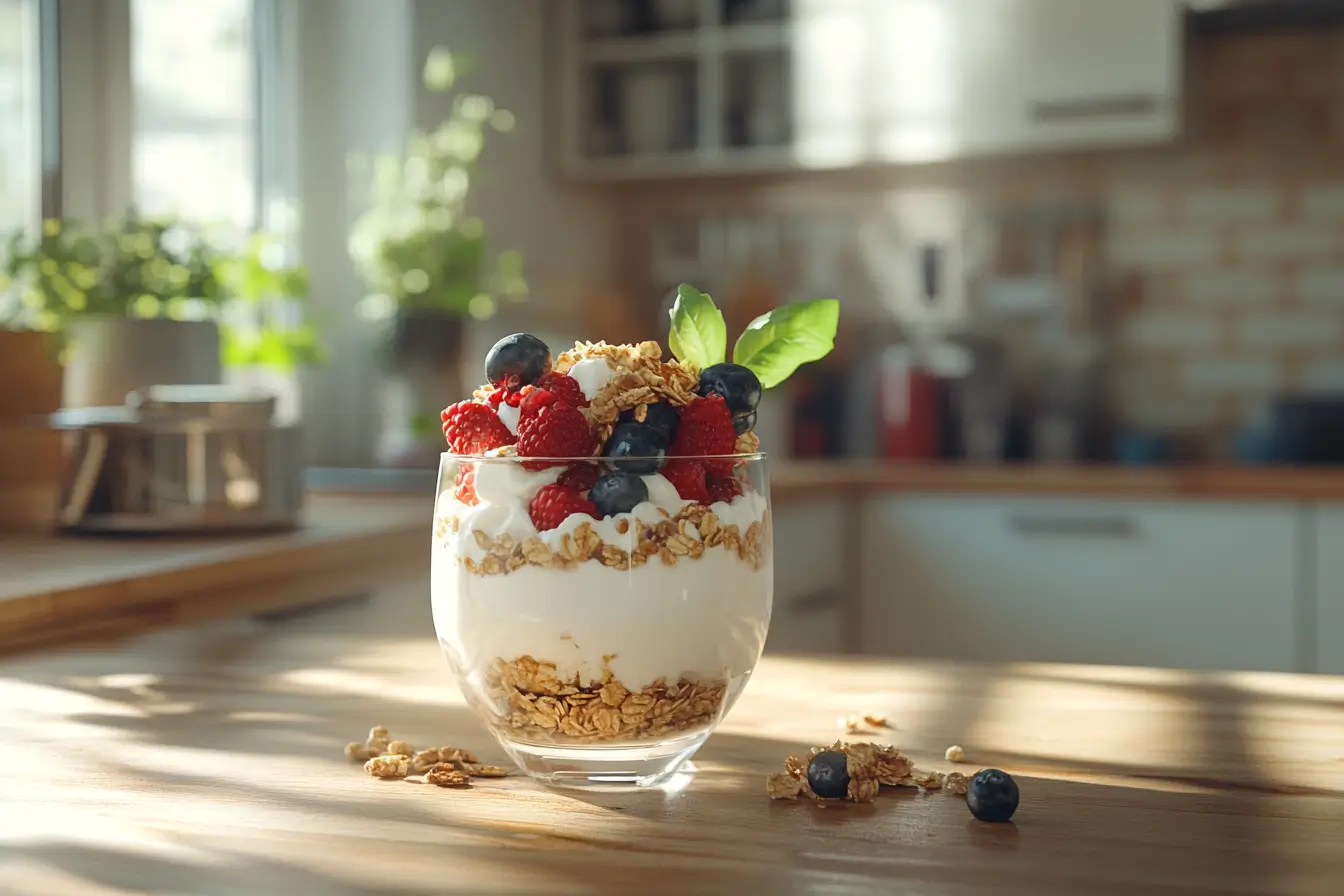 Berry and cream parfait with granola in a glass