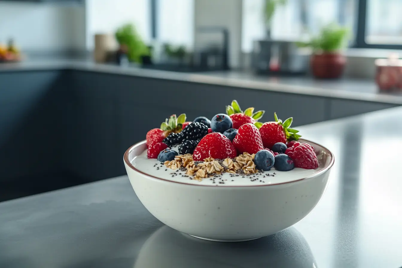  A berry and cream smoothie bowl topped with fresh fruit and seeds