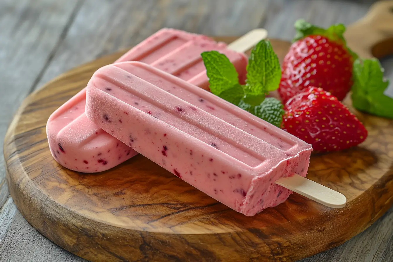 Homemade berry and cream popsicles on a wooden board