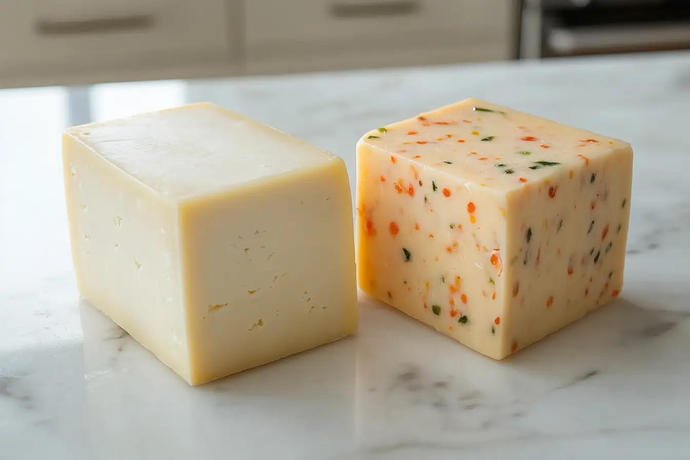 Blocks of Monterey Jack and Pepper Jack cheese