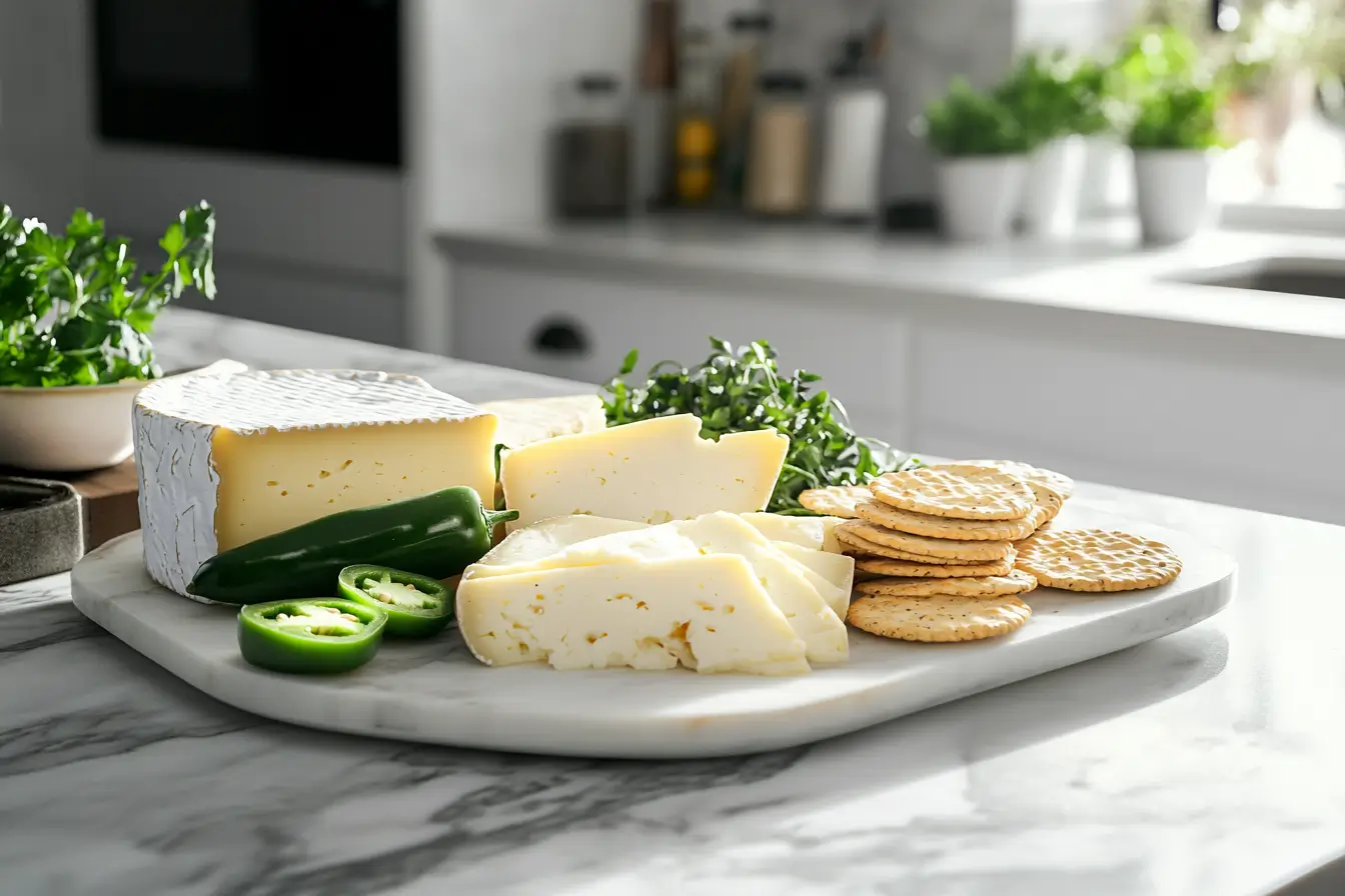 Pepper Jack Cheese-Assorted cheeses on a platter with sliced jalapeños