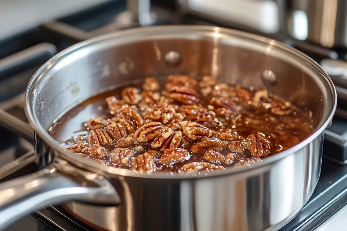 Pecans, brown sugar, and cream being cooked in a saucepan for praline topping