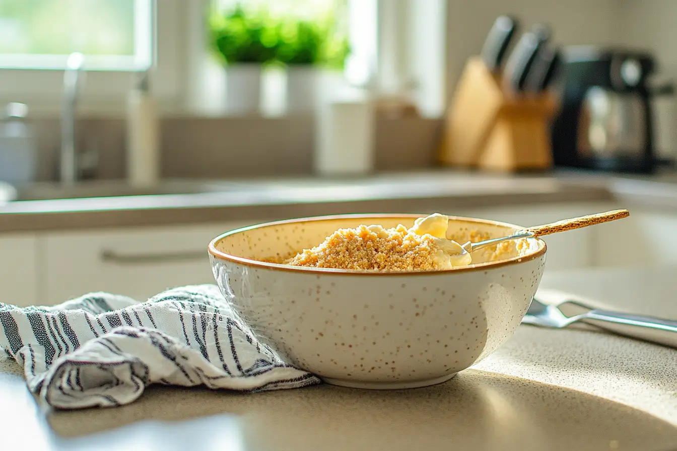 Mixing graham cracker crumbs and butter for the cheesecake crust.