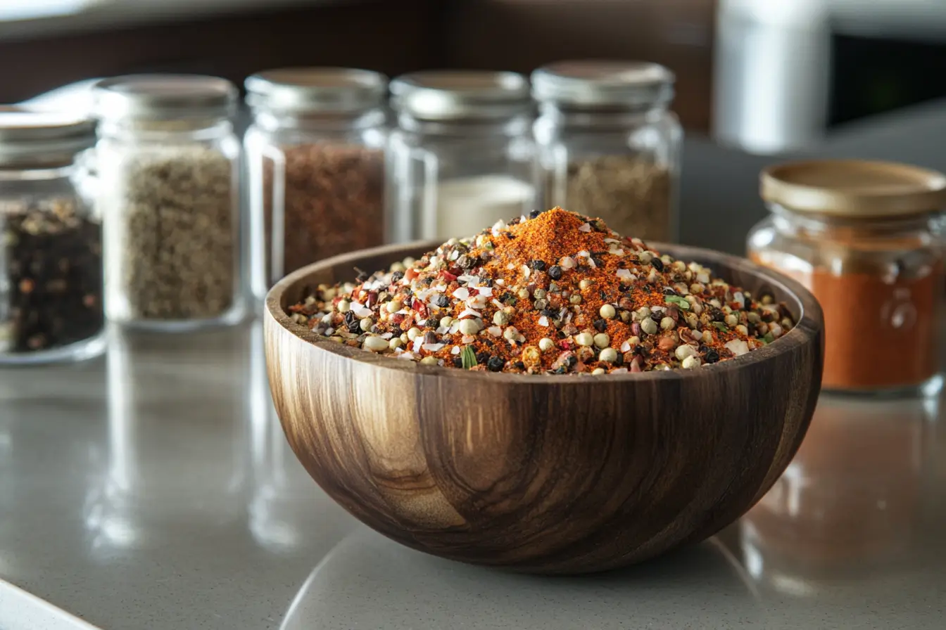 Homemade spice blend in a wooden bowl