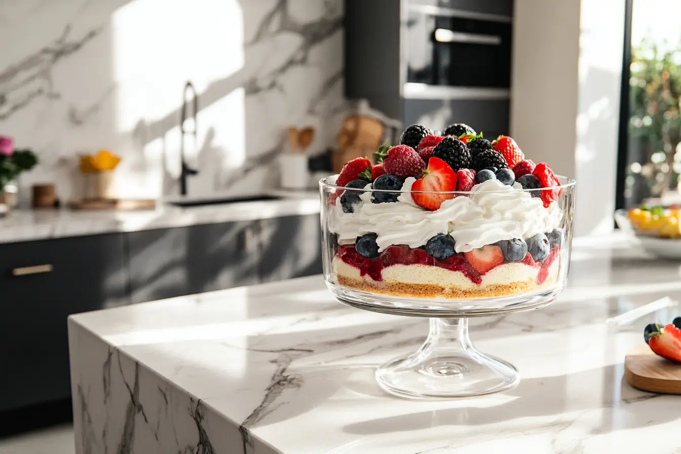 A glass trifle layered with berries, cream, and sponge cake