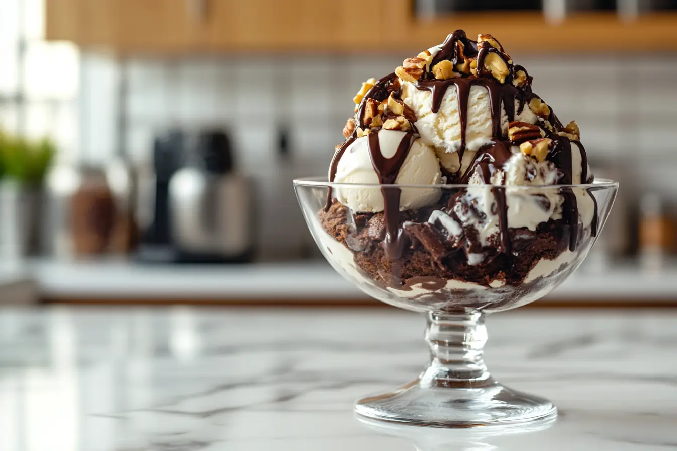 A decadent brownie sundae with ice cream and toppings