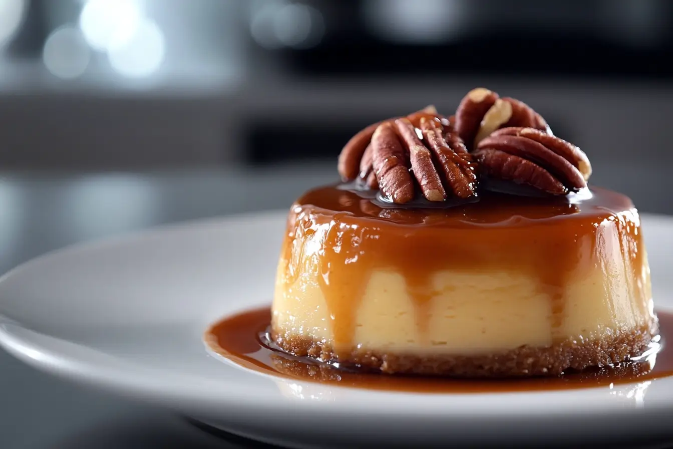 Gluten-free praline cheesecake on a white plate with a praline topping