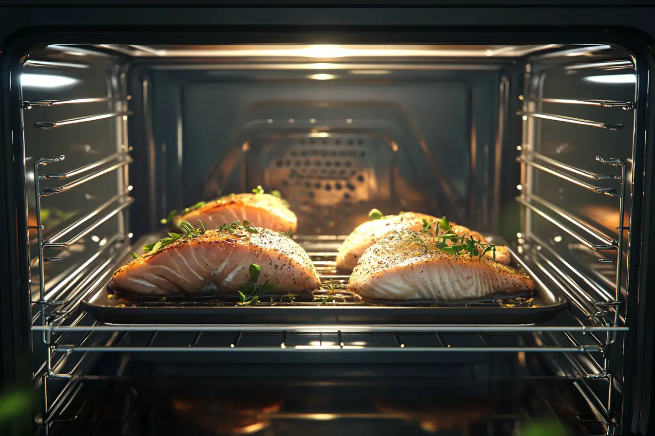 Fish and chicken baking on separate trays in an oven