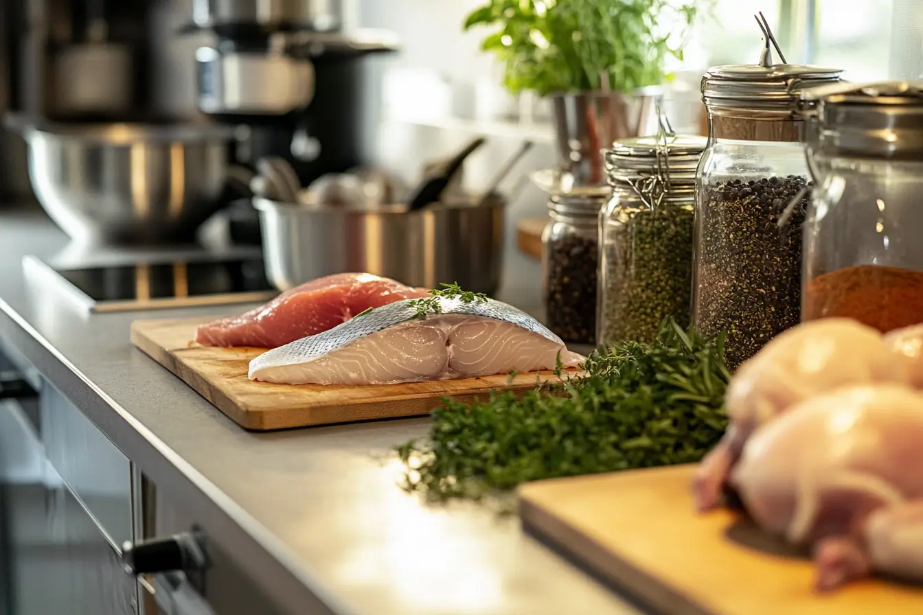 Raw fish and chicken on separate cutting boards with spices