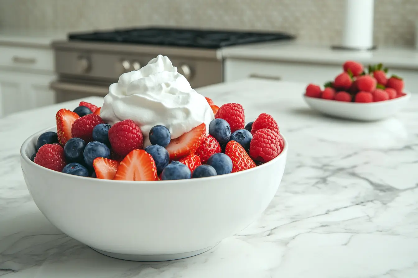 A bowl of fresh berries topped with whipped cream