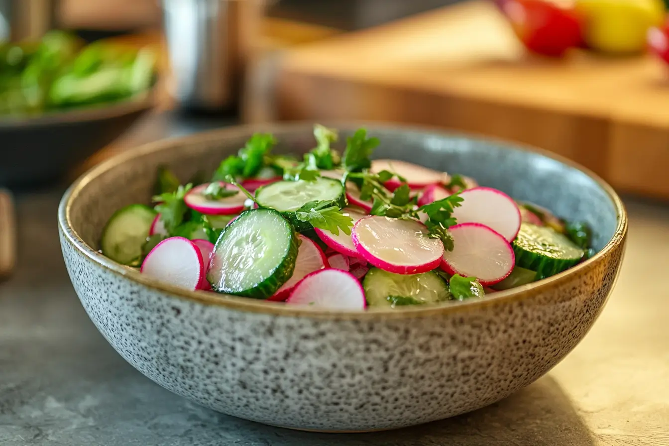  Fresh radish salad with cucumbers and greens