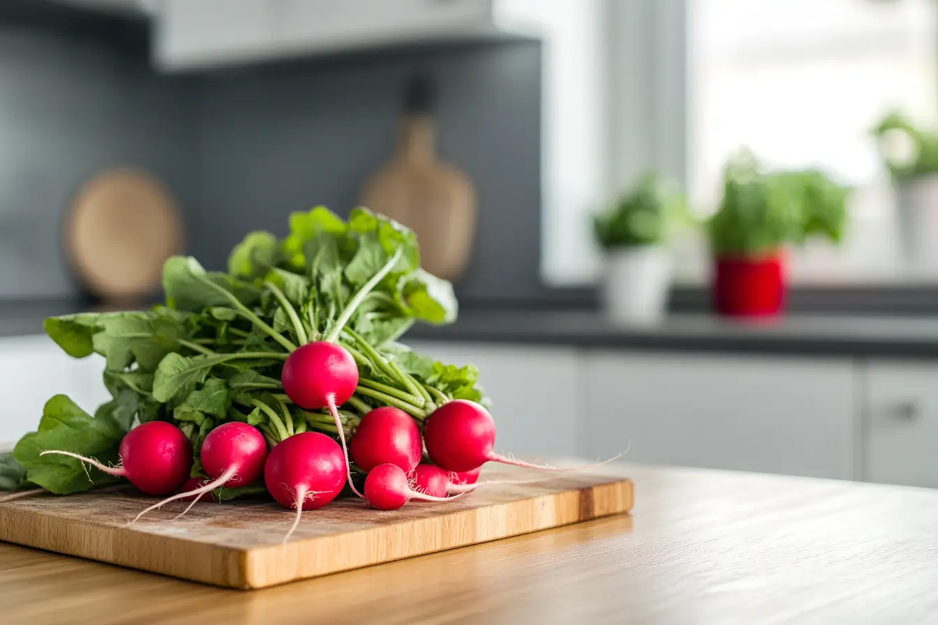 Fresh radishes on a wooden cutting board