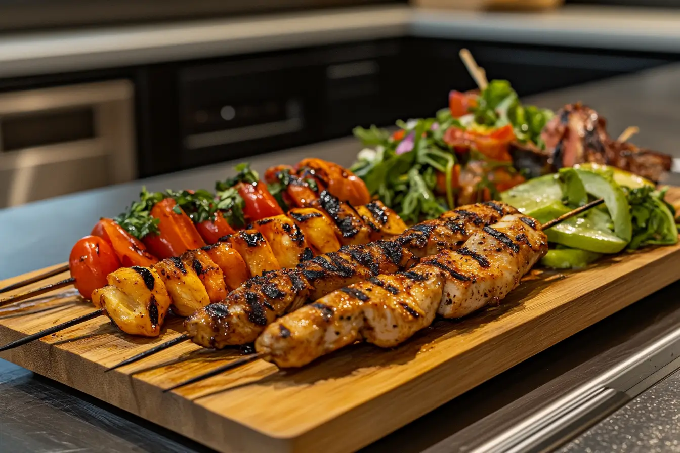 Grilled fish and chicken skewers with vegetables on a platter