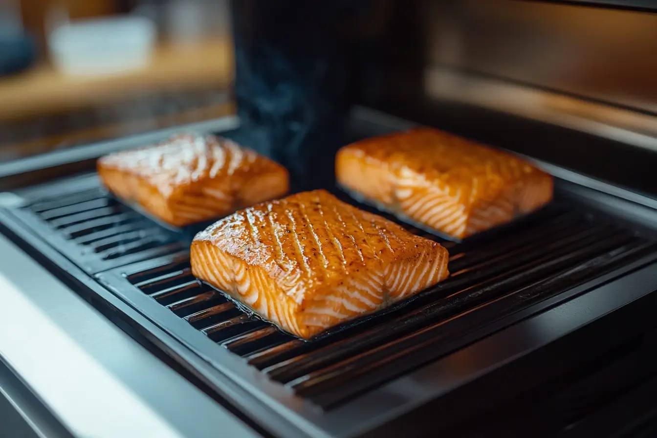 Salmon fillets grilling on an indoor electric grill with clean grill marks.